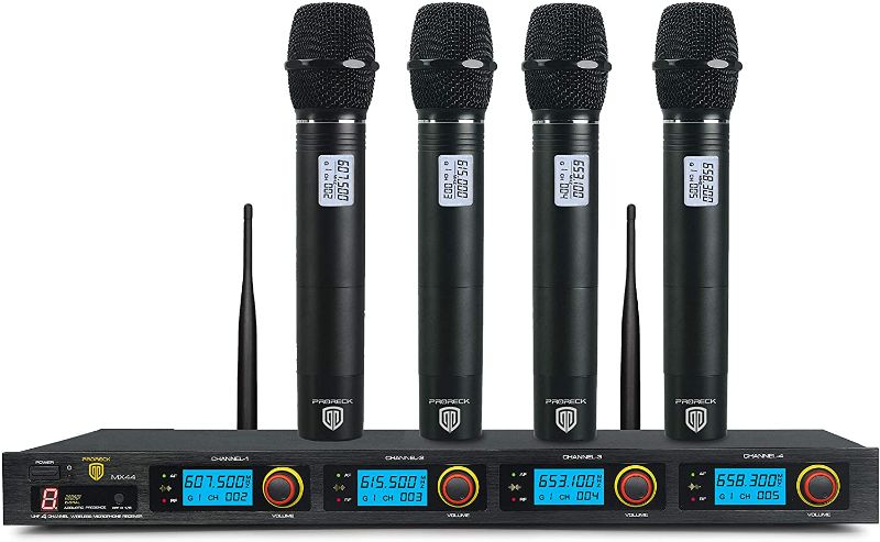 Photo 1 of PRORECK MX44 4-Channel UHF Wireless Microphone System with 4 Hand-held Microphones Karaoke Machine for Party/Wedding/Church/Conference/Speech
