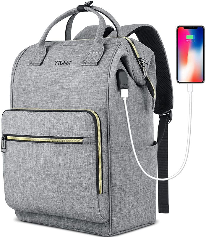 Photo 1 of Laptop Backpack for Women, Travel Backpack for School with USB Charging Port Fit 15.6 Inch Laptop, College Backpack Purse Water Resistant School Bookbag Carry on Bag for Office/Teacher/Work, Grey
