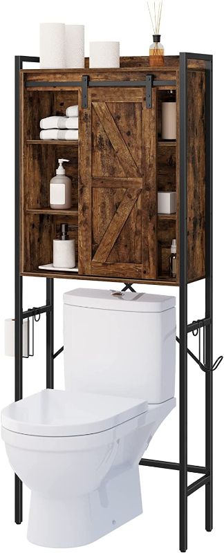 Photo 1 of ALLOSWELL Over The Toilet Storage Cabinet, 4-Tier Bathroom Space Saver with Sliding Door and Adjustable Shelves, Free-Standing Bathroom Organizer with 2 Hooks, Easy Assembly, Rustic Brown TRHR0301
