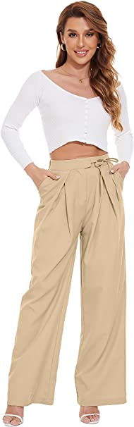 Photo 1 of Large FUNYYZO Straight Wide Leg Long Trousers with Tie Belt for Women Pleated Front High Waisted Pants