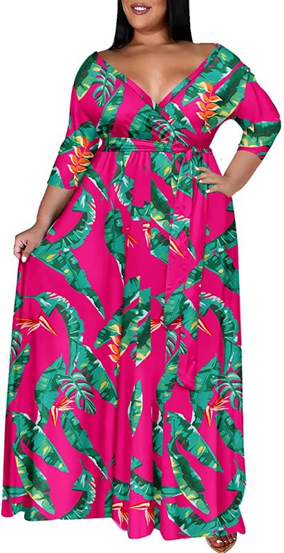 Photo 1 of 4XL Runwind Plus Size Dresses for Women Floral Maxi Dress Flowy 3/4 Sleeve with Belt