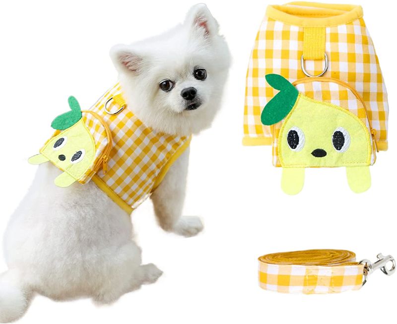 Photo 1 of ABRRLO Plaid Puppy Harness and Leash Set for Small Dogs Adjustable No Pull Dog Harness with Handle and Cute Pockets for Yorkshire Chihuahua Maltese Easy Walk Pet Cat Vest Harness Leads (Yellow,M)