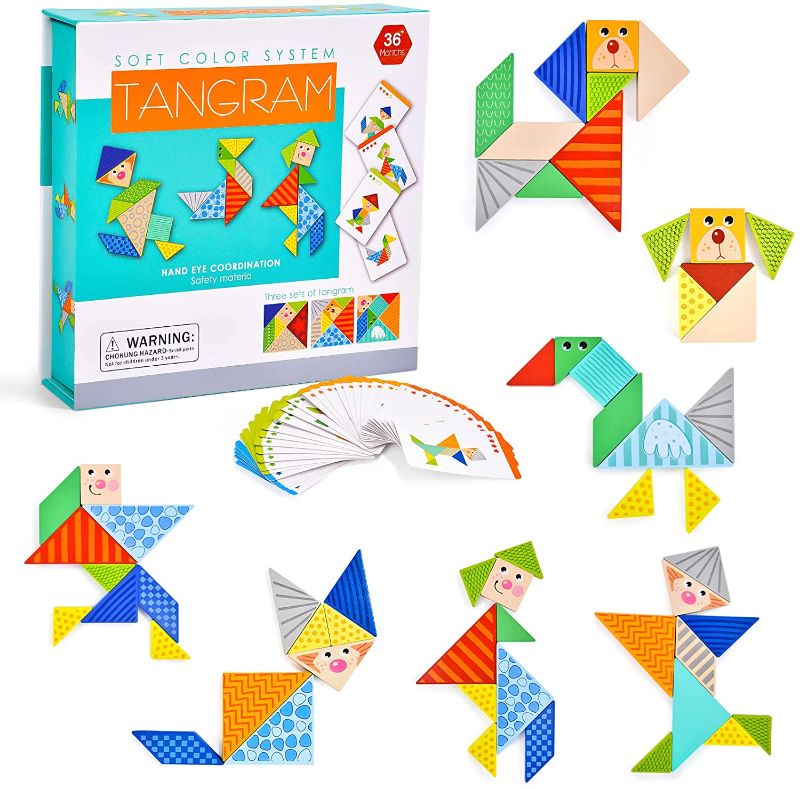 Photo 1 of Atoylink Wooden Pattern Blocks Set Animals Tangrams Shapes Puzzle Toddlers Brain Teaser Puzzles Preschool Montessori Educational Toys for 3+ Year Old Kids Boys Girls