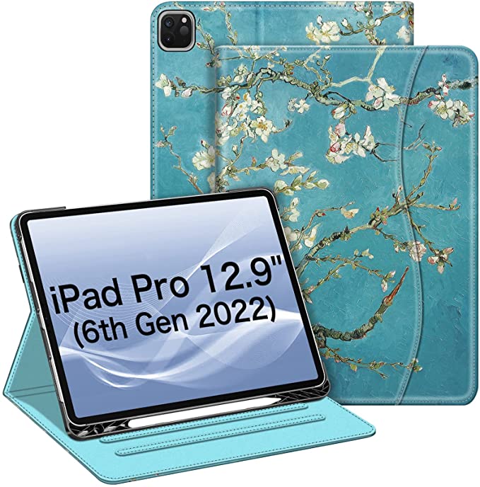 Photo 1 of Fintie Folio Case for iPad Pro 12.9" 6th Generation 2022, Multi-Angle Smart Stand Cover w/Pencil Holder & Pocket, Also Fit iPad Pro 12.9 2021 5th & 2020 4th & 2018 3rd Gen, Blossom  *** ITEM HAS A SMALL TEAR ON THE SIDE ***
