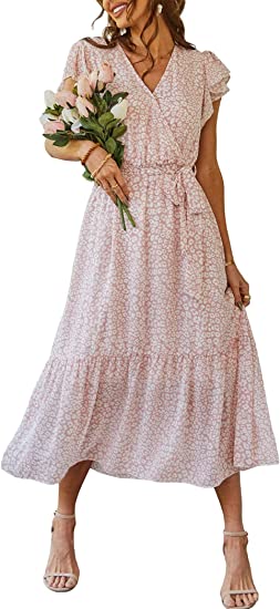 Photo 1 of PRETTYGARDEN Women's 2023 Floral Summer Dress Wrap V Neck Short Sleeve Belted Ruffle Hem A-Line Bohemian Maxi Dresses -- Size XL