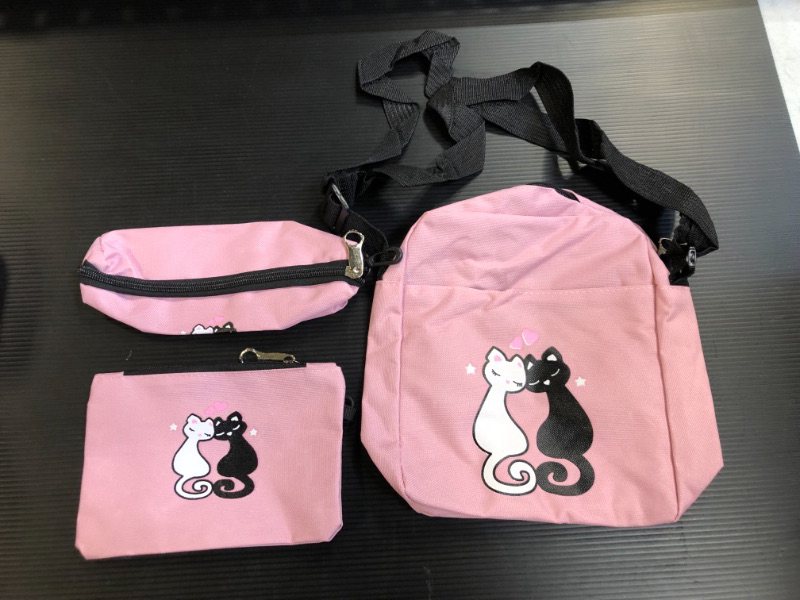 Photo 3 of 4Pcs Cute Cat Prints Canvas Primary School Bag Rucksack Backpack Set for Girls Elementary Bookbag
