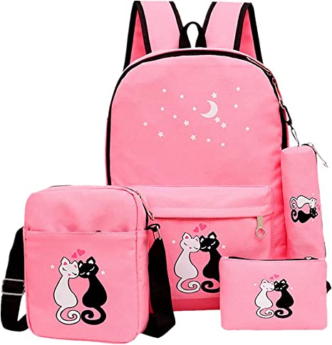 Photo 1 of 4Pcs Cute Cat Prints Canvas Primary School Bag Rucksack Backpack Set for Girls Elementary Bookbag
