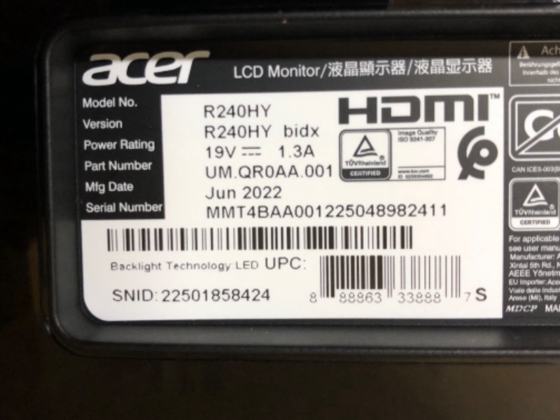 Photo 7 of Acer 23.8” Full HD 1920 x 1080 IPS Zero Frame Home Office Computer Monitor - 178° Wide View Angle - 16.7M - NTSC 72% Color Gamut - Low Blue Light - Tilt Compatible - VGA HDMI DVI R240HY bidx Monitor only 23.8-inch IPS 60Hz