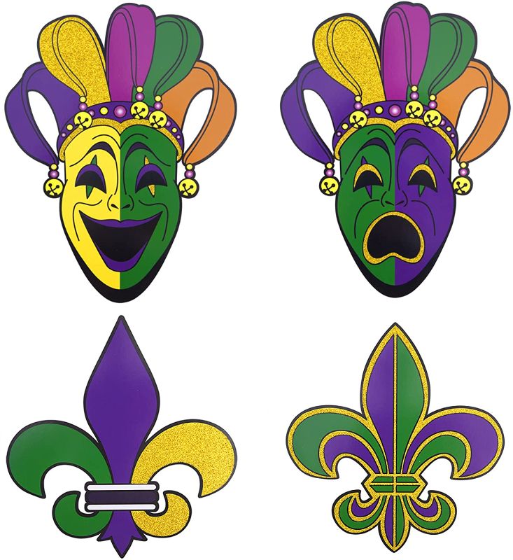 Photo 1 of 2 COUNT 8pcs Large Comedy Tragedy Face Cutouts, Fleur de Lis Mardi Gras Cutouts,Wagon Costume Cover Float Decoration for Mardi Gras Party Supplies (B Style)