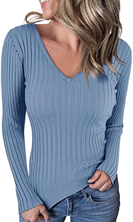 Photo 1 of Ephanny Women's Rib Pullover Sweater Classic Elastic Solid Color Long Sleeve V-Neck Sweaters SIZE MEDIUM 