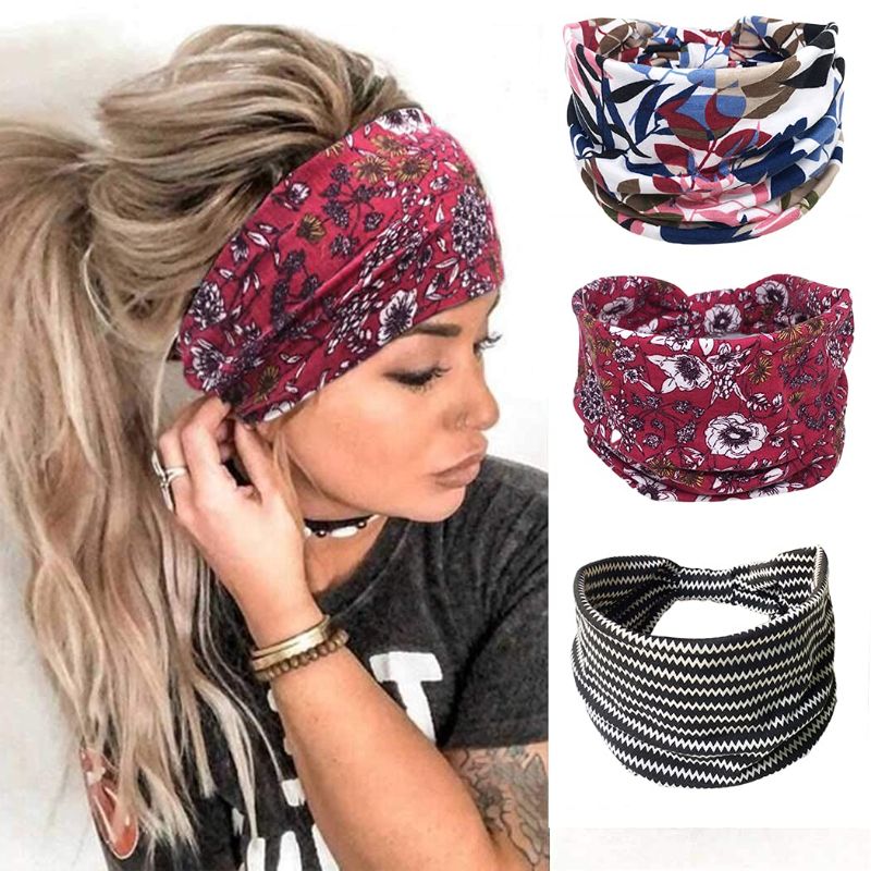 Photo 1 of EYSL Headband for women's Hair 3 Pack Boho Knotted Wide Fashion Stretch Head Wraps Twist Flower Printed Hair Band Turban Bandana Hair Accessories for Motorcycle Yoga Workout, Multi-coloredC-2