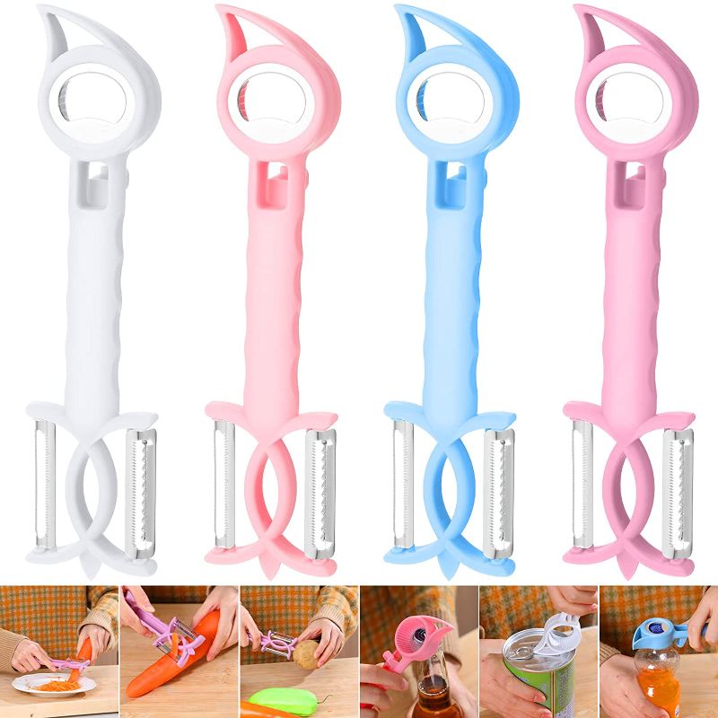 Photo 1 of 4 Pcs New 7 in 1 Bottle Opener Multi Function Vegetable Peeler Multipurpose Can Jar Opener Serrated Apple Potato Carrot Noodle Julienne Peeler Kitchen Tool for Soda Lid Seniors Small Hands Easy Open