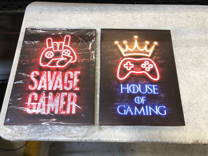 Photo 3 of 2 Pcs Framed Neon Gamer Symbol Canvas Wall Art Paintings Gaming Wall Decor Prints Pictures Posters Artwork for Kids Teenage Boys Game