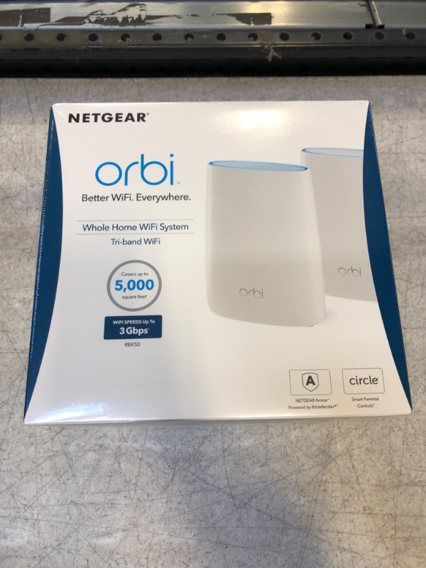 Photo 2 of NETGEAR Orbi Tri-band Whole Home Mesh WiFi System with 3Gbps Speed (RBK50) – Router & Extender Replacement Covers Up to 5,000 sq. ft., 2-Pack Includes 1 Router & 1 Satellite White ( SEALED ITEM )