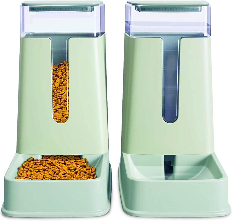 Photo 1 of Automatic Cat Feeder and Cat Water Dispenser in Set 2 Packs Automatic Dog Feeder and Dog Water Dispenser 1 Gallon for Small Medium Big Dog Pets Puppy Kitten (Green)
