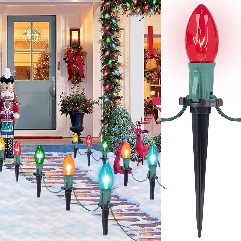 Photo 1 of 25.7 Feet C9 Christmas Pathway Lights with 20 Multicolored Bulbs and 20 Stakes Waterproof Connectable Walkway Lights for Outdoor Yard Holiday Sidewalk Driveway Christmas Decoration Show, Green Wire
