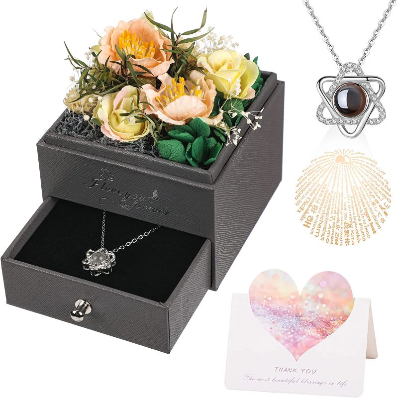 Photo 1 of Women Real Hydrangea & Artificial Flowers Box Gifts 100 Languages I Love You Necklace in Box