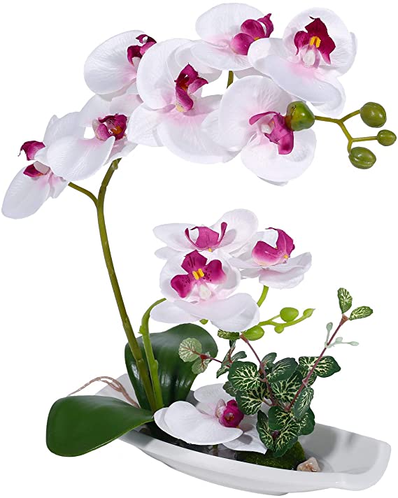 Photo 1 of Artificial Orchids Faux Orchid Arrangements White Orchid Table Centerpiece Silk Fake Flowers White Petals with Purple Stamens for Bathroom Decoration Home Decor Office Wedding Vivid
