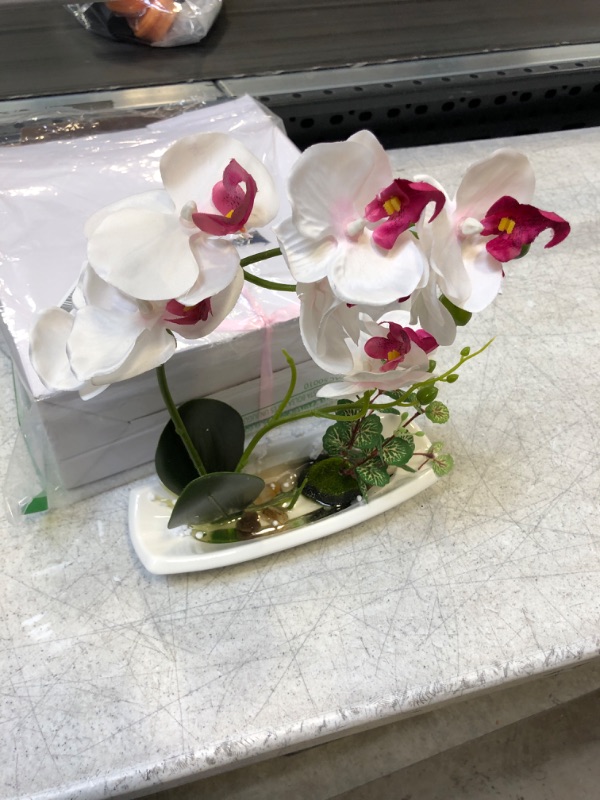 Photo 2 of Artificial Orchids Faux Orchid Arrangements White Orchid Table Centerpiece Silk Fake Flowers White Petals with Purple Stamens for Bathroom Decoration Home Decor Office Wedding Vivid
