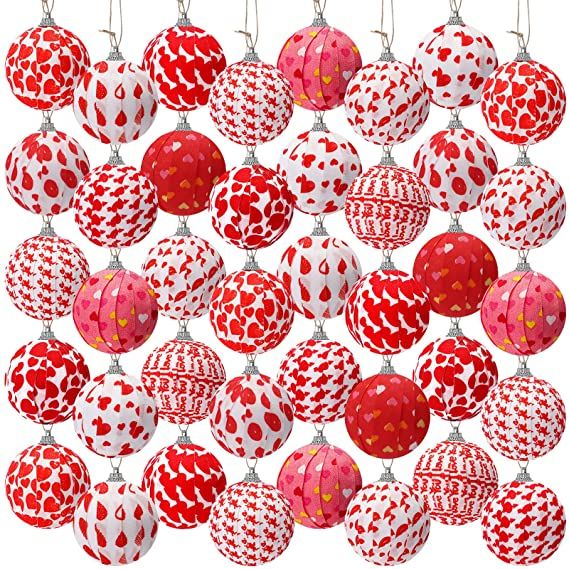 Photo 1 of 48 Pieces Valentines Day Hanging Ball Ornaments Fabric Wrapped Ball Hanging Ornament for Kids Valentines Home Wedding Holiday Party Anniversary Supplies
