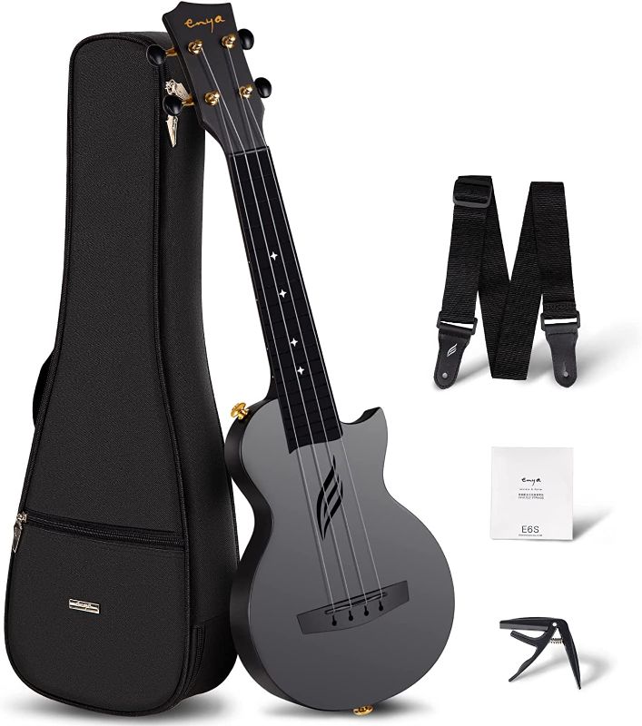 Photo 1 of Enya Soprano Ukulele 21 Inch Carbon Fiber Travel Ukelele Nova U Mini Simple Yukalalee With Beginner Kit Ukalalee includes Case Strap Capo Strings (Black)