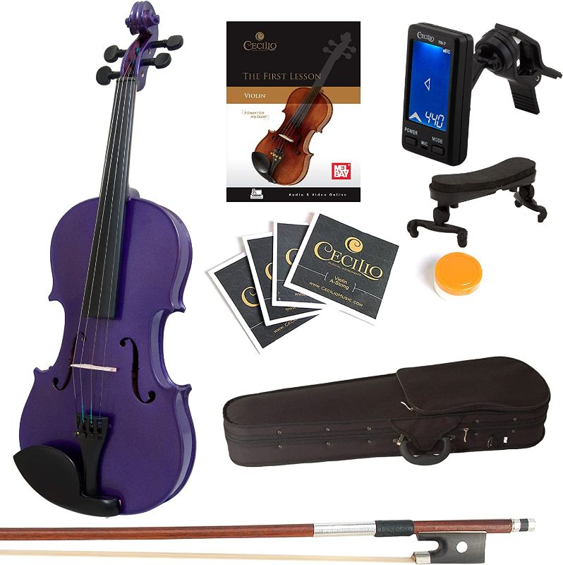 Photo 1 of ?Mendini By Cecilio Violin For Kids & Adults - 4/4 MV Purple Violins, Student or Beginners Kit w/Case, Bow, Extra Strings, Tuner, Lesson Book - Stringed Musical Instruments
