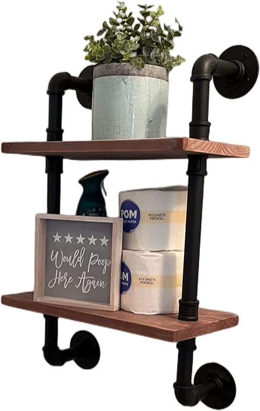 Photo 1 of  Industrial Pipe Floating Bathroom Shelves Rustic Wood Ladder Bookshelf Wall Mounted Rustic Wood Shelf for Living Room Decor and Storage 15 inch (2 Tier)
