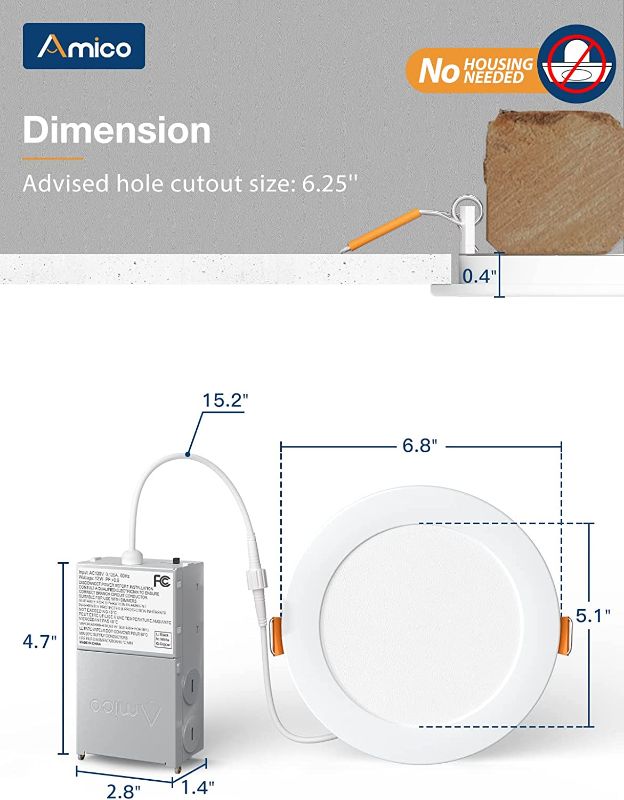 Photo 1 of 6 Inch 5CCT Ultra-Thin LED Recessed Ceiling Light with Junction Box, 2700K/3000K/3500K/4000K/5000K Selectable, 12W Eqv 110W, Dimmable Canless Wafer Downlight, 1050LM Brightness -ETL&FCC