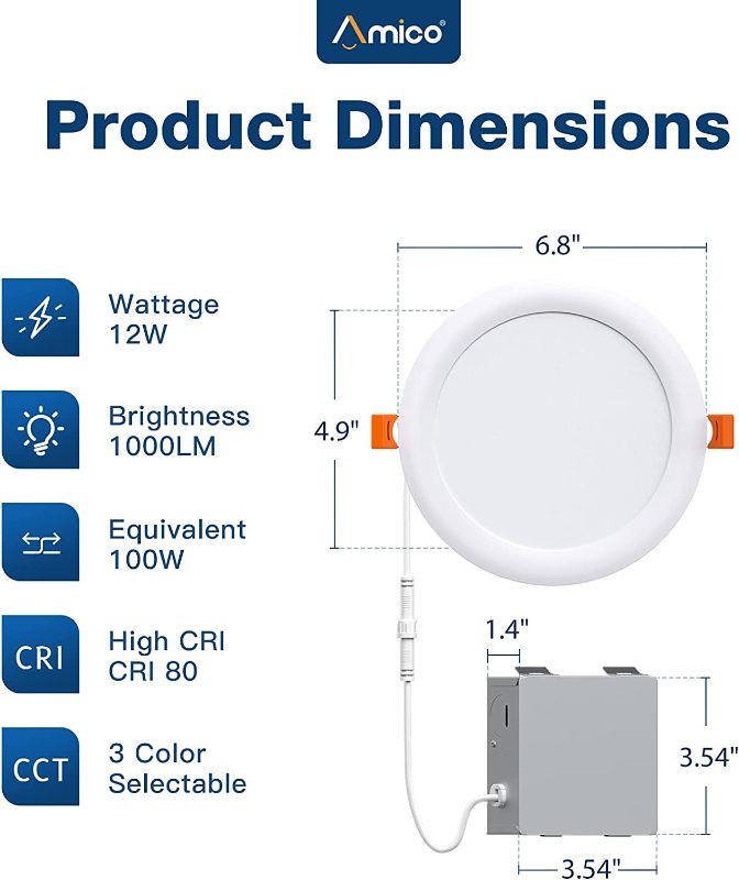 Photo 1 of 6 Inch 5CCT Ultra-Thin LED Recessed Ceiling Light with Junction Box,/5000K Selectable, 12W Eqv 110W, Dimmable Canless Wafer Downlight, 1050LM Brightness -ETL&FCC