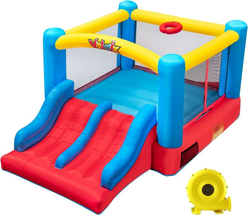 Photo 1 of Valwix Indoor Outdoor Inflatable Bounce House with Blower for 3-10 yr Kids, Bouncy Castle w/ Double Slide, Large Bounce Area w/ Basketball Hoop, 300 LBS Capacity