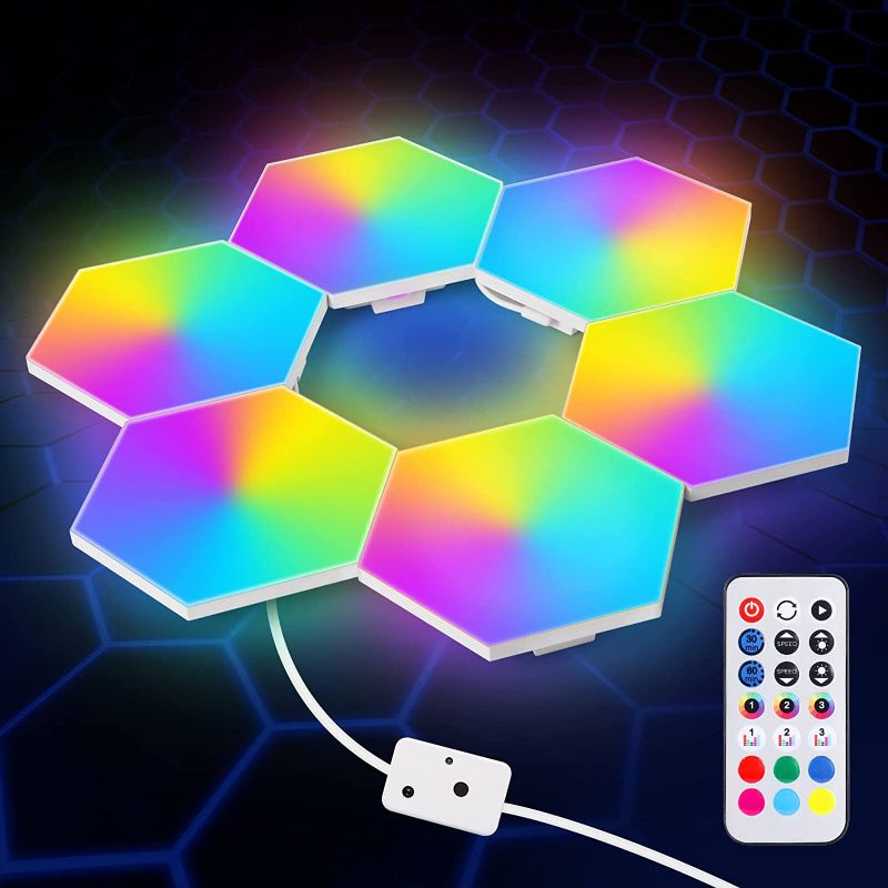 Photo 1 of SOVELA RGB LED Hexagon Lights, DIY Hexagon Wall Lights with Remote/Timer Function/3 Dynamic Modes/3 Music Modes, Kids Night Light with USB-Port Adapter for Gaming Room KTV Bedroom, 6 Pack