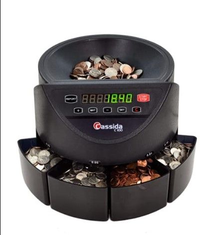 Photo 1 of Cassida C100 Electronic Coin Sorter/Counter, Countable Coins 1¢, 5¢, 10¢, 25¢, 250 Coins/min, 110 VAC & 6600 UV/MG – USA Business Grade Money Counter with UV/MG/IR Counterfeit Detection Coin Sorter + Money Counter 6600 UV/MG