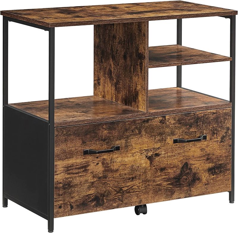 Photo 1 of VASAGLE Lateral File Cabinet with Open Shelves and Drawer, for A4, Letter and Legal Sized Documents, Printer Stand, Rustic Brown + Black