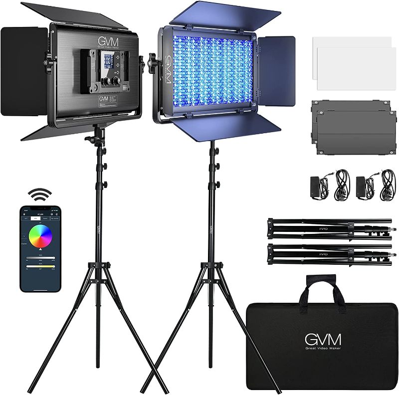 Photo 1 of GVM 1500D RGB LED Video Light, 75W Video Lighting Kit with Bluetooth Control, 2 Packs Led Panel Light for Photography, YouTube Studio, Video Shooting, Conference, 1128 Led Beads - CANT VERIFY ALL ITEM COUNT