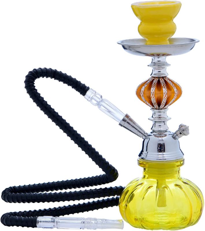 Photo 1 of 11" Hookah Set - 1 Hose Premium Hose Hookah Complete Set - Shisha Hookah Kit With Glass Vase Ceramic Bowl & Coal Tongs Ashtray (Yellow)
