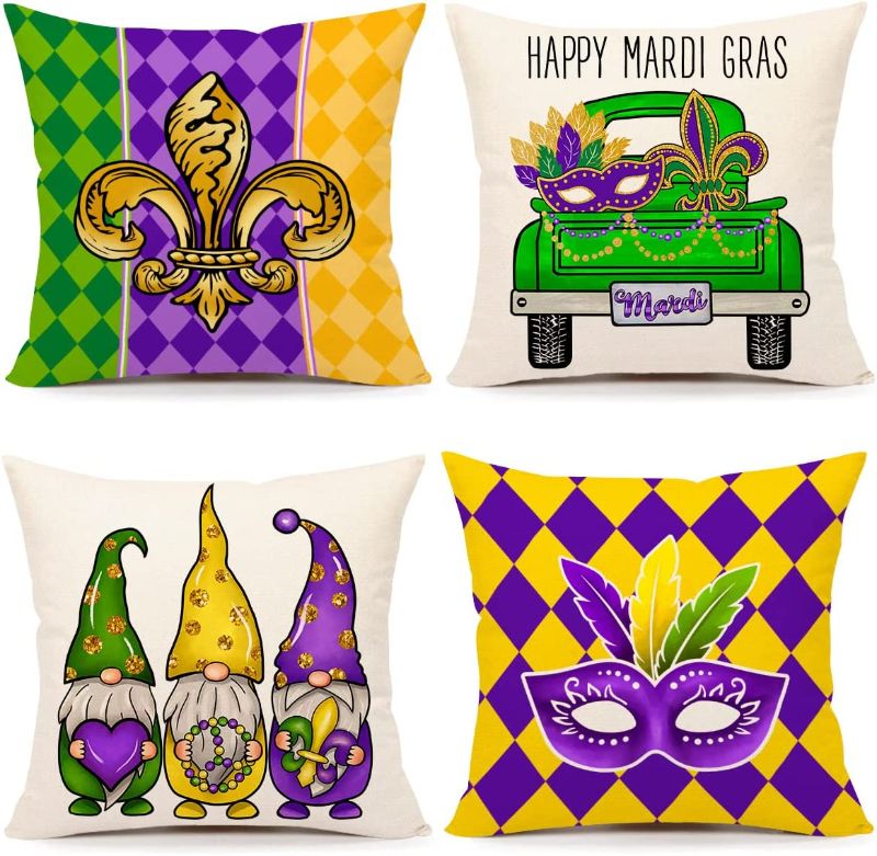 Photo 1 of 3pack::: 4THEmotion Mardi Gras Pillow Covers 18x18 Set of 4 Spring Farmhouse Decor Beads Eye Mask Fleur De Lis Feather Gnomes Truck Holiday Decorations Throw Cushion Case for Home Decorations 
