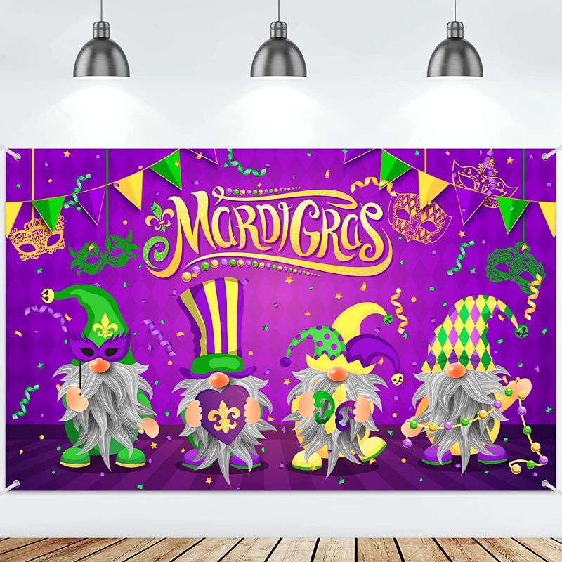 Photo 1 of 3-PACK:: Mardi Gras Backdrop Mardi Gras Gnome Banner Masquerade Carnival Party Decoration New Orleans Polyester Photography Background Holiday Photo Booth Prop Indoor Outdoor
