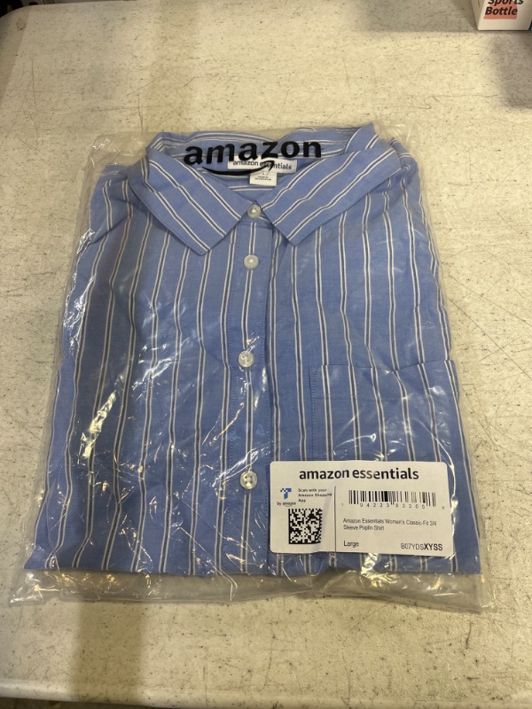 Photo 2 of Amazon Essentials Women's Classic-Fit 3/4 Sleeve Poplin Shirt Large Blue, Stripe