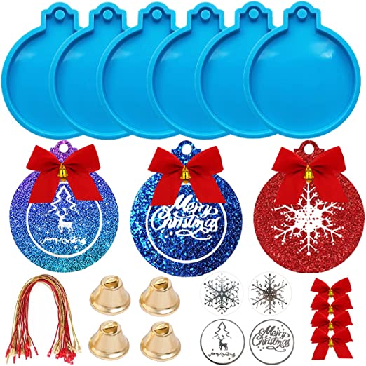 Photo 1 of 6 Pcs Christmas Resin Molds Silicone Molds For Epoxy Resin, Resin Christmas Ornament Molds With 30 Pcs Ribbons, Round Silicone Pendant Molds For Keychain, Epoxy Resin, Diy Craft, Christmas Decorations - ++FACTORY SEALED++
