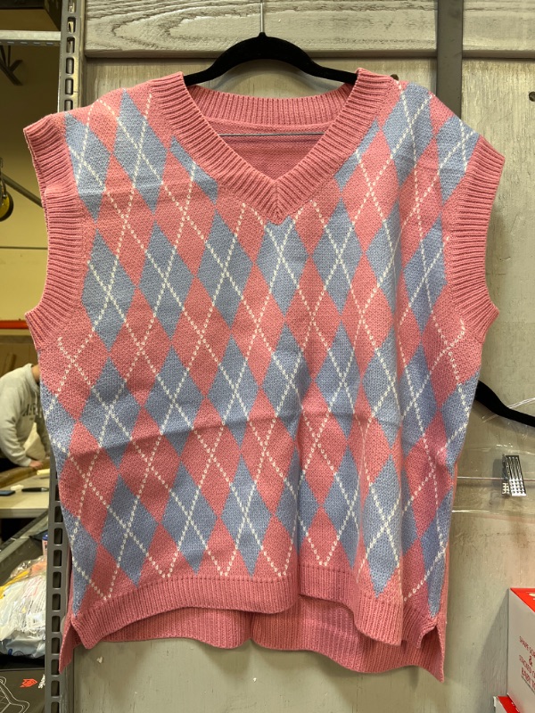 Photo 2 of Lailezou Women's V Neck Knit Sweater Vest Argyle Plaid Preppy Style Sleeveless Crop Knitwear Tank - PINK - XXLRG ++IT IS ONLY THE FRONT PINK SHIRT++
