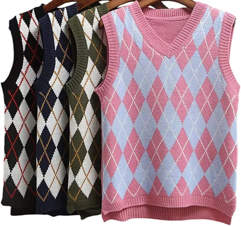 Photo 1 of Lailezou Women's V Neck Knit Sweater Vest Argyle Plaid Preppy Style Sleeveless Crop Knitwear Tank - PINK - XXLRG ++IT IS ONLY THE FRONT PINK SHIRT++
