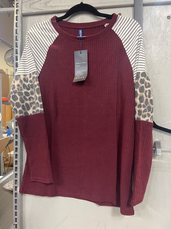 Photo 3 of IWOLLENCE Women's Long Sleeve Tops Waffle Knit Tunics Leopard Stripe Color Block Casual Shirts Round Neck Sweatshirt - SIZE : SML
