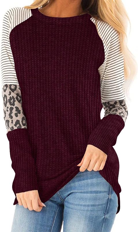Photo 1 of IWOLLENCE Women's Long Sleeve Tops Waffle Knit Tunics Leopard Stripe Color Block Casual Shirts Round Neck Sweatshirt - SIZE : SML
