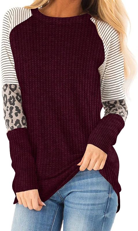 Photo 1 of IWOLLENCE Women's Long Sleeve Tops Waffle Knit Tunics Leopard Stripe Color Block Casual Shirts Round Neck Sweatshirt - SIZE : SM
