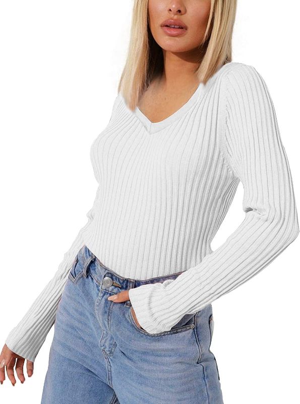 Photo 1 of Ephanny Women's Rib Pullover Sweater Classic Elastic Solid Color Long Sleeve V-Neck Sweaters - SIZE : 2XL - ++FACTORY SEALED++ - ++OPENED FOR LIVE PHOTO++
