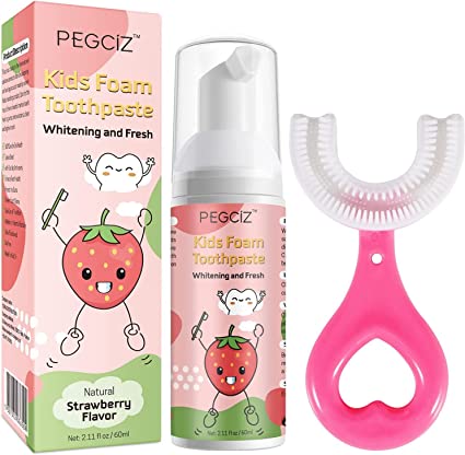Photo 1 of Foam Toothpaste Kids with Low Fluoride & U-Shaped Toothbrush Combo Pack,Manual Toothbrush with Food Grade Soft Silicone Head,360° Oral Teeth Clean Design Ages 2-6,Strawberry Flavor - EXP: 05/18/2025
