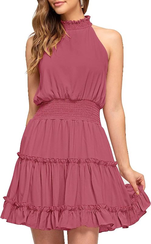 Photo 1 of MEROKEETY Women's Summer Casual Halter Neck A Line Dress Sleeveless Smocked Waist Ruffle Mini Dress SIZE S
