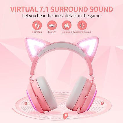 Photo 1 of SOMIC GS510 Cat Ear Headset Wireless Gaming Headset for PS5/ PS4/ PC, Pink Headset 2.4G with Retractable Mic, 7.1 Stereo Sound, 8Hrs Playtime, RGB Lighting for Girls (Xbox Only Work in Wired Mode)
