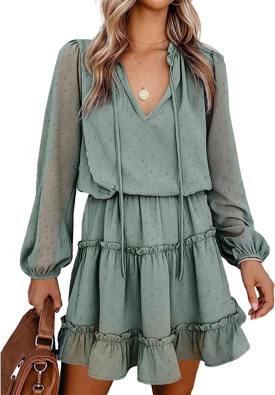 Photo 1 of BTFBM Women Casual Spring Summer Dresses Tie V Neck Long Sleeve High Waist Ruffle Tiered A Line Swing Tunic Mini Dress XL
