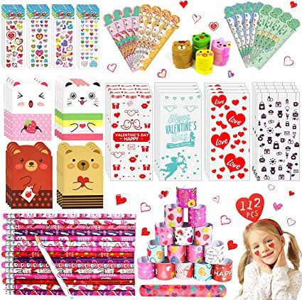 Photo 1 of 16-Pack 112pcs Kids Valentine Stationery Set for School Classroom, Valentine's Day Party Favor Classroom Exchange Gifts, Boys Girls.
